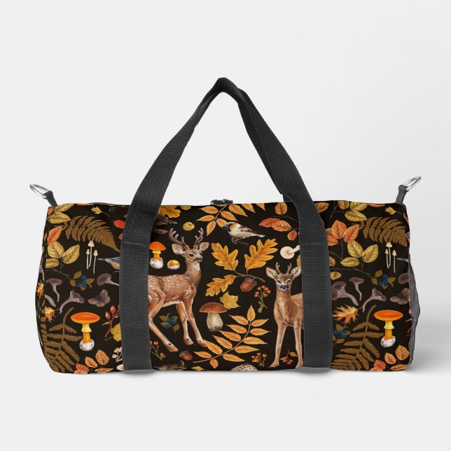 Into the woods/Autumn deer on black Duffle Bag (Front)