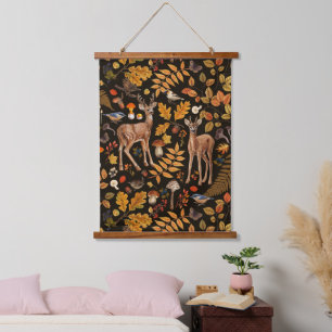 Into the woods/Autumn deer on black Hanging Tapestry