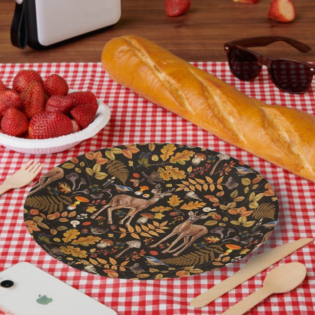 Into the woods/Autumn deer on black Paper Plate (Picnic)