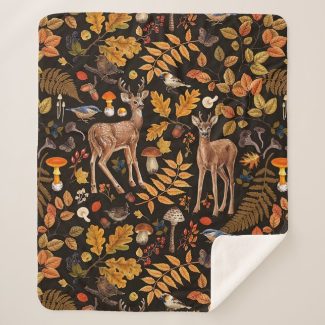 Into the woods/Autumn deer on black Sherpa Blanket (Front)