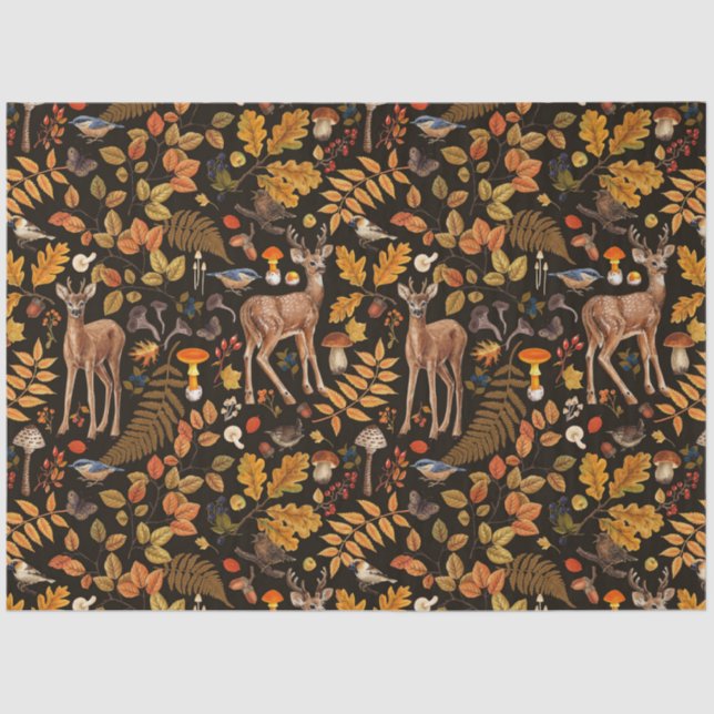 Into the woods/Autumn deer on black Tissue Paper (Front)