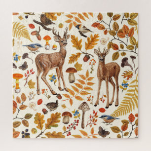 Into the woods/Autumn deer on off white Jigsaw Puzzle