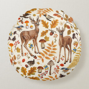 Into the woods/Autumn deer on off white Round Cushion