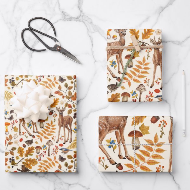 Into the woods/Autumn deer on off white Wrapping Paper Sheet (Front)