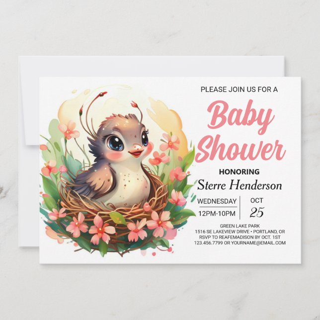 Into the Woods Elegant Woodland Bird Baby Shower Invitation (Front)
