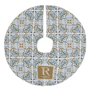 Intreget Italian Tile Pattern, Monogram  Faux Linen Tree Skirt