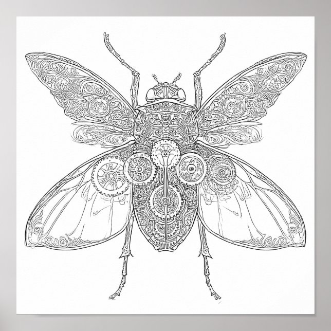 Intricate Adult Coloring Page: Steampunk Insect Poster (Front)