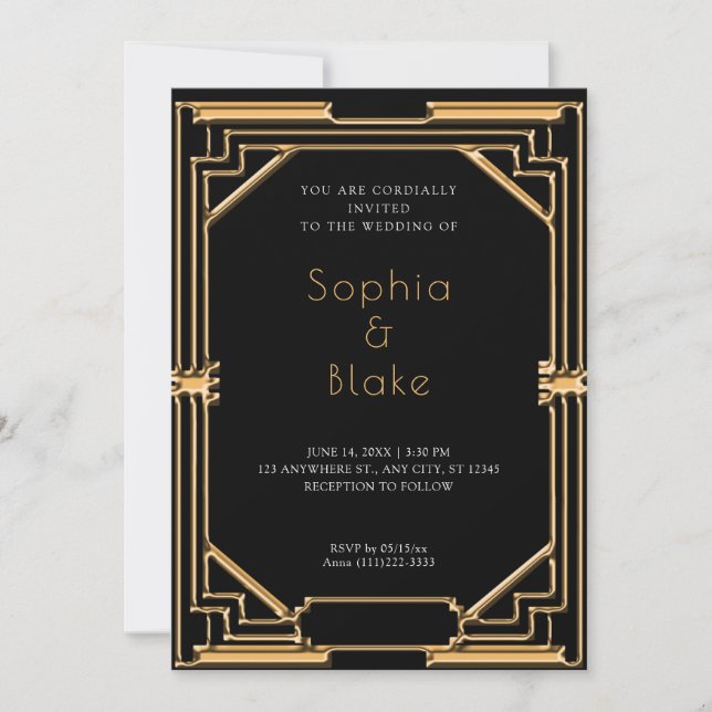 Intricate Black and Gold Art Deco Wedding Invitation (Front)