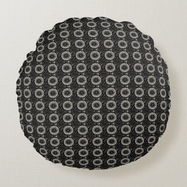 Intricate Black and White Floral Illustration Round Cushion (Front)
