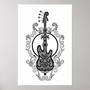 Intricate Black Bass Guitar Design on White Poster