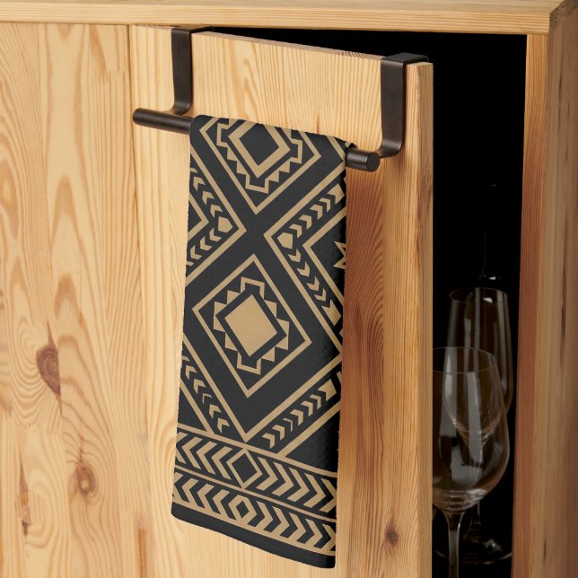 Intricate Black Gold Geometric Surface Pattern Tea Towel (Thirds Fold)