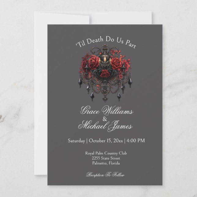 Intricate Black Gothic Chandelier With Roses Invitation (Front)