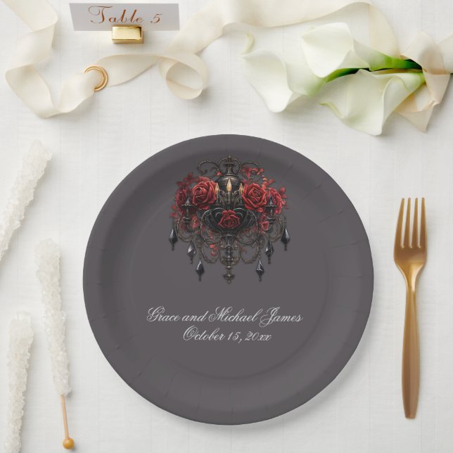 Intricate Black Gothic Chandelier With Roses Paper Plate (Wedding)