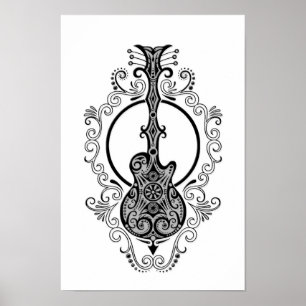 Intricate Black Guitar Design on White Poster
