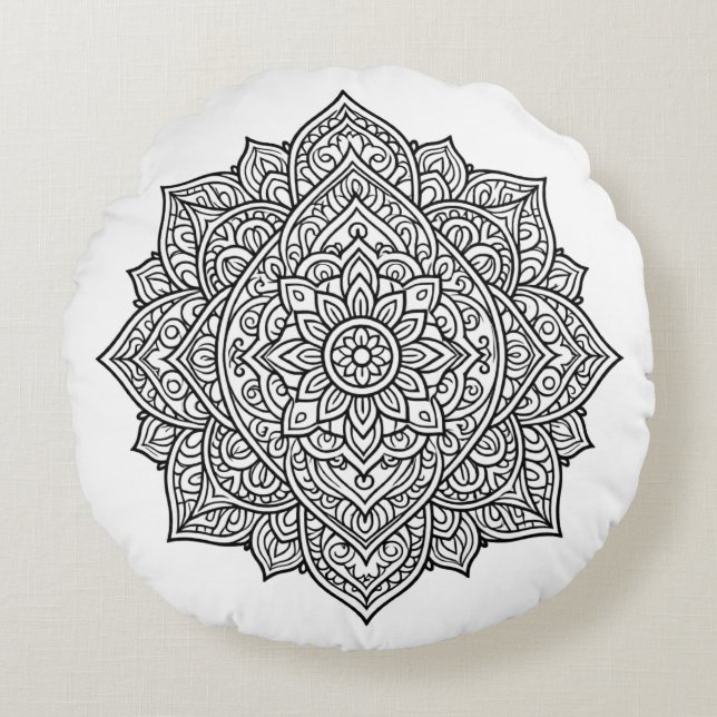 Intricate Black Line Mandala Art Round Cushion (Front)