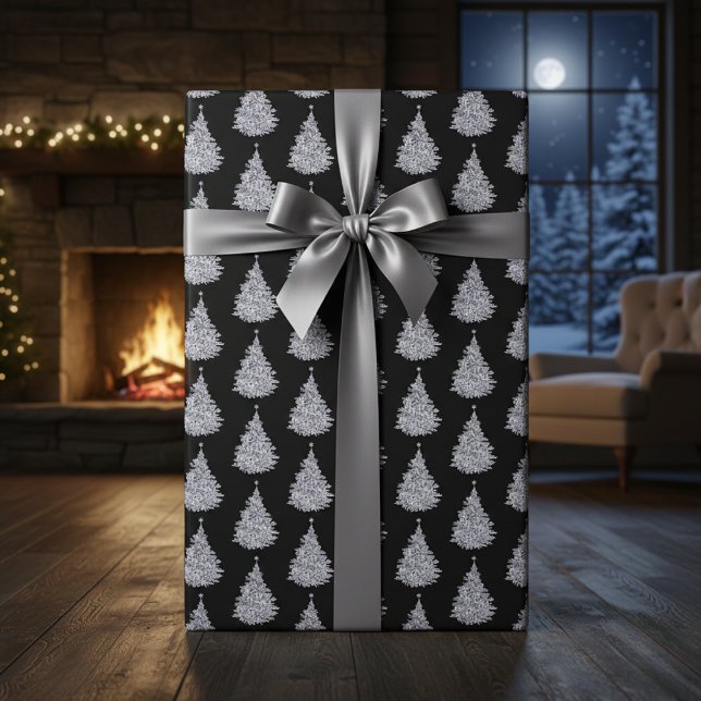  Intricate Black & White Christmas Tree  Wrapping Paper (Christmas Black & White Tree Wrapping Paper )