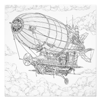 Intricate Black White Steampunk Airship Drawing Photo Print