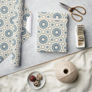 Intricate Blue and Cream Medallion Floral Tile Wrapping Paper
