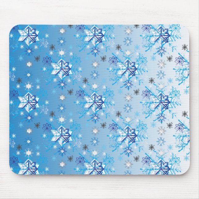 Intricate blue and white stars and snowflakes mouse mat (Front)
