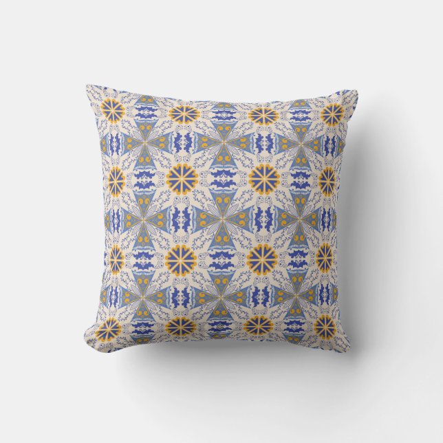 intricate blue and yellow geometric patterns cushion (Front)