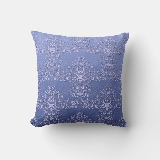 Intricate Blue Floral Damask Pattern Cushion (Front)