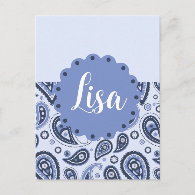 Intricate Blue Floral Paisley Print Design Holiday Postcard (Front)