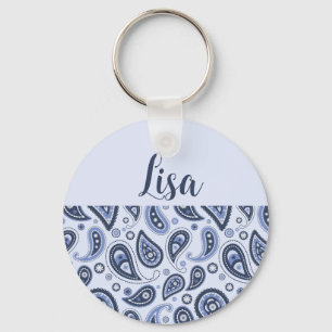 Intricate Blue Floral Paisley Print Design Key Ring