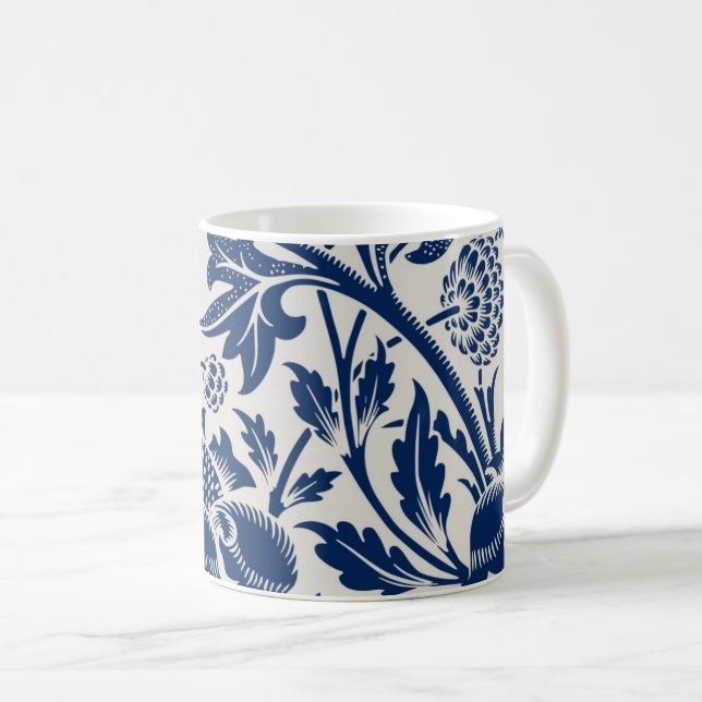 Intricate blue floral pattern on light background coffee mug (Front Right)