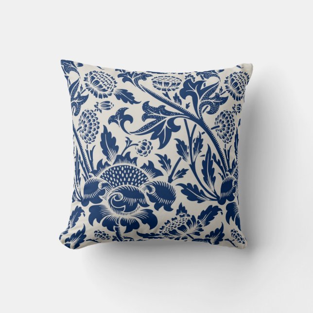 Intricate blue floral pattern on light background cushion (Front)