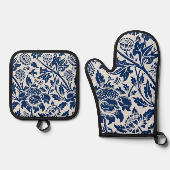 Intricate blue floral pattern on light background oven mitt & pot holder set (Front)