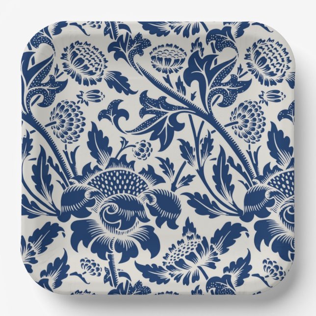 Intricate blue floral pattern on light background paper plate (Front)