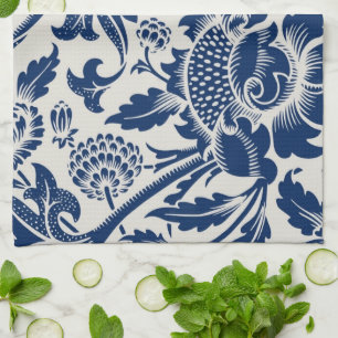 Intricate blue floral pattern on light background tea towel