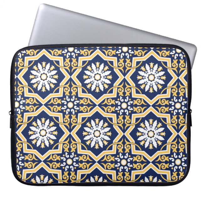 Intricate blue gold white Moroccan arabesque tile Laptop Sleeve (Front)