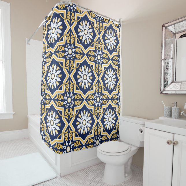 Intricate blue gold white Moroccan arabesque tile Shower Curtain (In Situ)