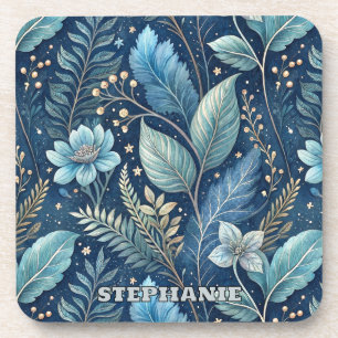 Intricate Blue & Green Botanical -Starry Dark Blue Coaster