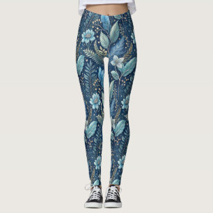 Intricate Blue & Green Botanical -Starry Dark Blue Leggings