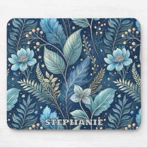 Intricate Blue & Green Botanical -Starry Dark Blue Mouse Mat