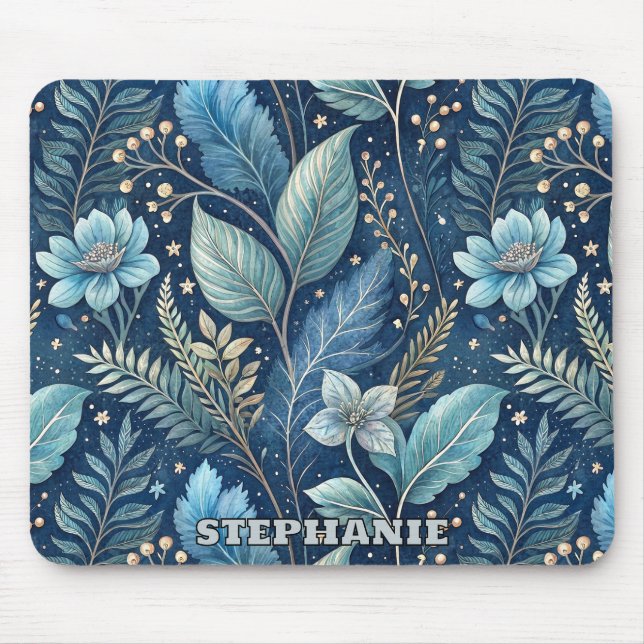 Intricate Blue & Green Botanical -Starry Dark Blue Mouse Mat (Front)