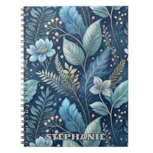 Intricate Blue & Green Botanical -Starry Dark Blue Notebook