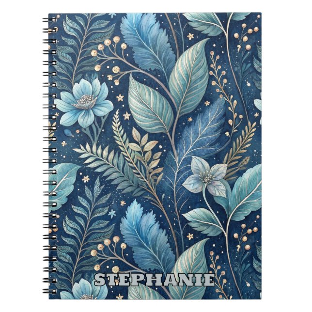Intricate Blue & Green Botanical -Starry Dark Blue Notebook (Front)
