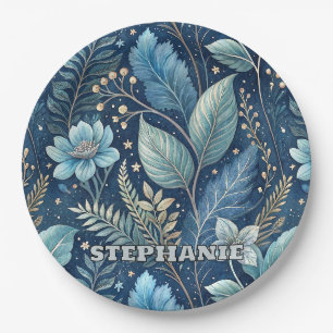 Intricate Blue & Green Botanical -Starry Dark Blue Paper Plate