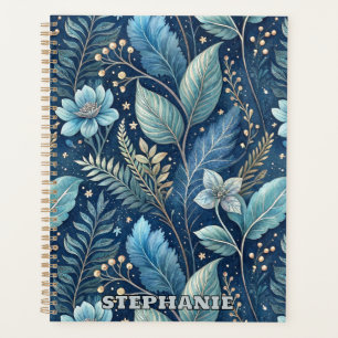 Intricate Blue & Green Botanical -Starry Dark Blue Planner