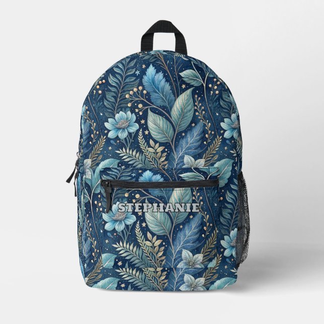Intricate Blue & Green Botanical -Starry Dark Blue Printed Backpack (Front)