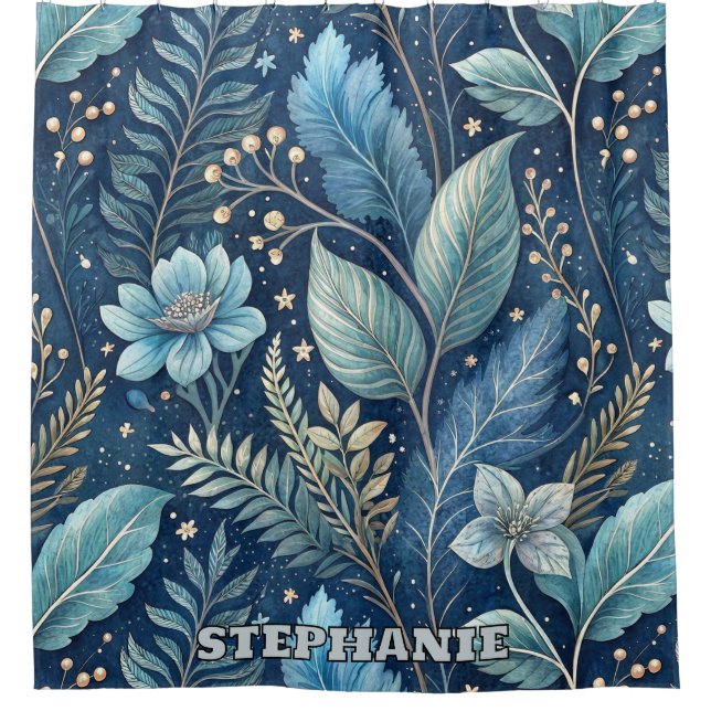 Intricate Blue & Green Botanical -Starry Dark Blue Shower Curtain (Front)