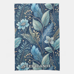 Intricate Blue & Green Botanical -Starry Dark Blue Tea Towel