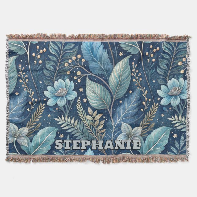 Intricate Blue & Green Botanical -Starry Dark Blue Throw Blanket (Front)