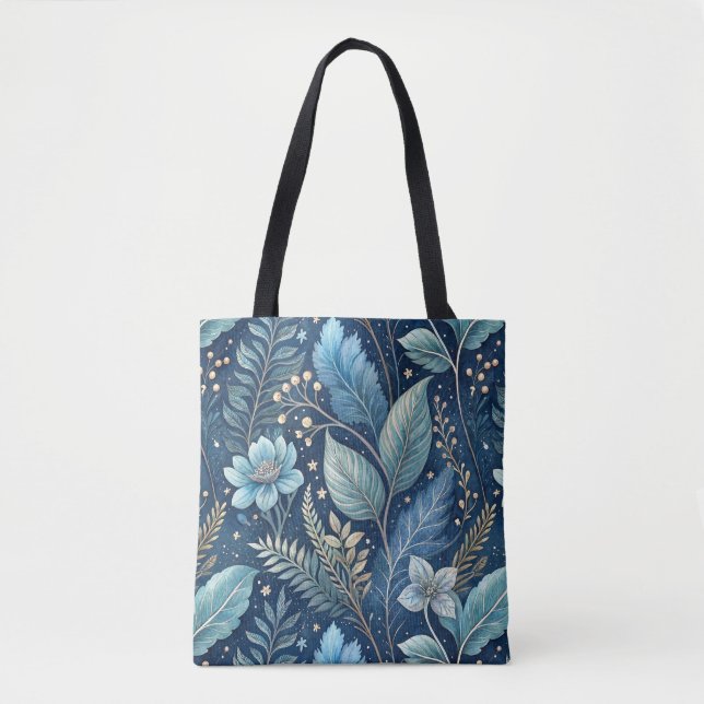 Intricate Blue & Green Botanical -Starry Dark Blue Tote Bag (Front)