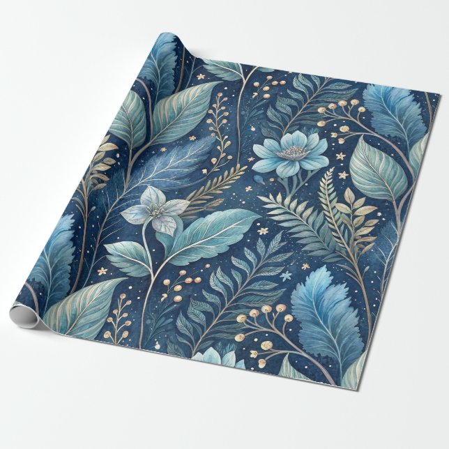 Intricate Blue & Green Botanical -Starry Dark Blue Wrapping Paper (Unrolled)