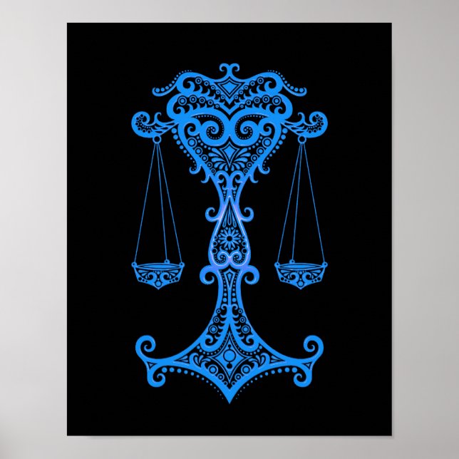Intricate Blue Libra Zodiac on Black Poster (Front)