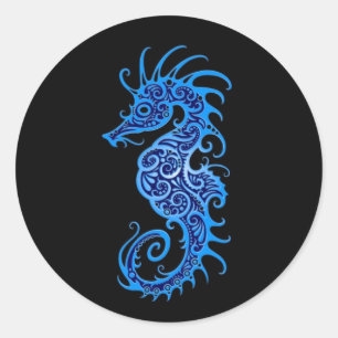 Intricate Blue Seahorse Design on Black Classic Round Sticker